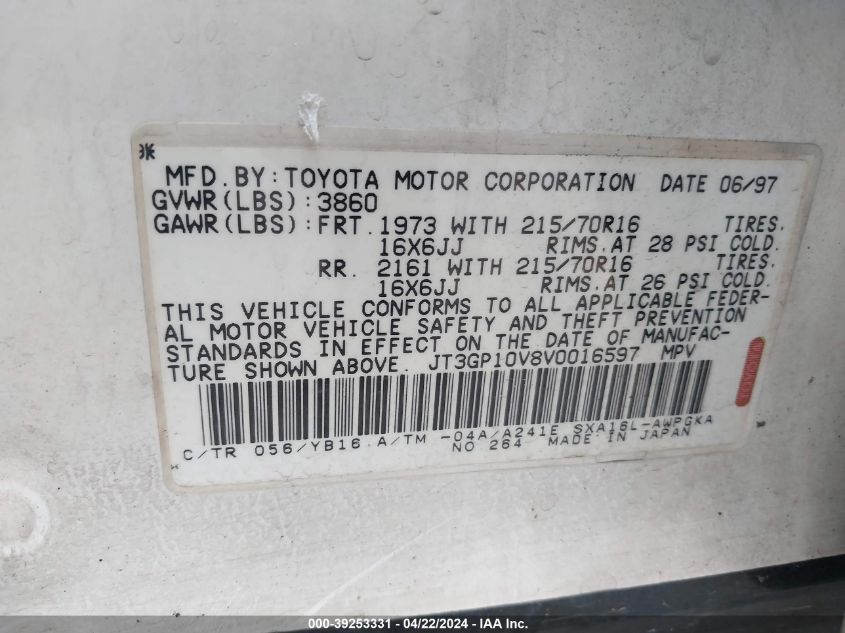 1997 Toyota Rav4 VIN: JT3GP10V8V0016597 Lot: 39253331