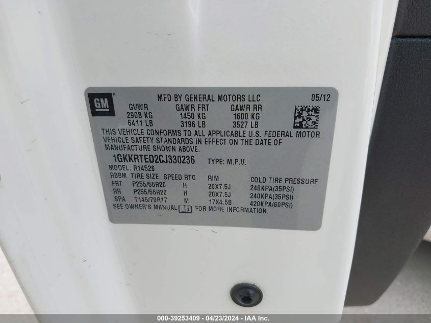 2012 GMC Acadia Denali VIN: 1GKKRTED2CJ330236 Lot: 39253409
