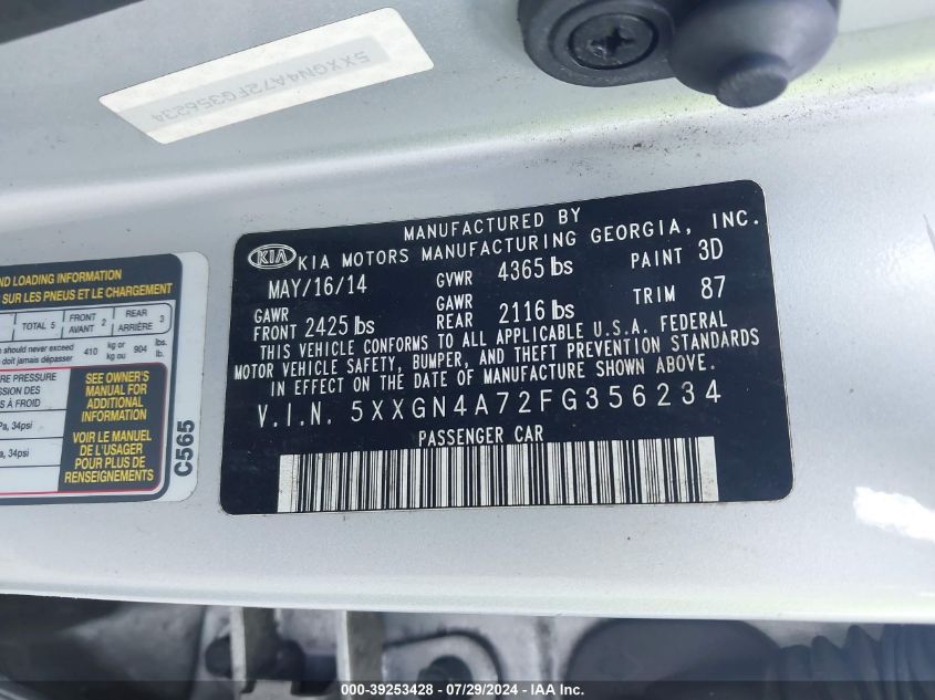 2015 Kia Optima Ex VIN: 5XXGN4A72FG356234 Lot: 39253428