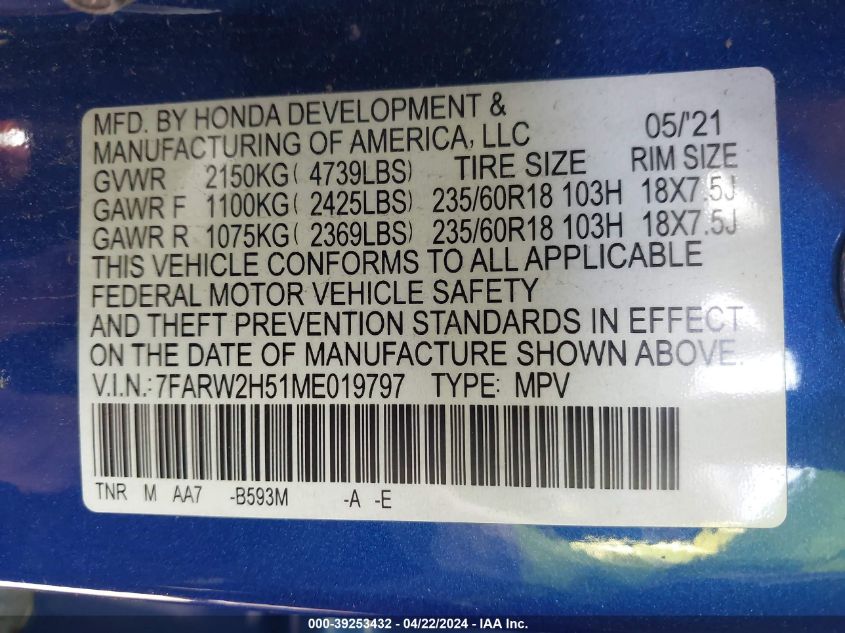 2021 Honda Cr-V Awd Ex VIN: 7FARW2H51ME019797 Lot: 39253432