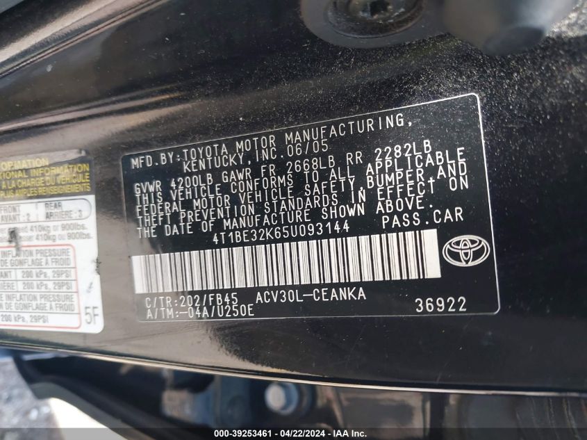 2005 Toyota Camry Le VIN: 4T1BE32K65U093144 Lot: 39253461