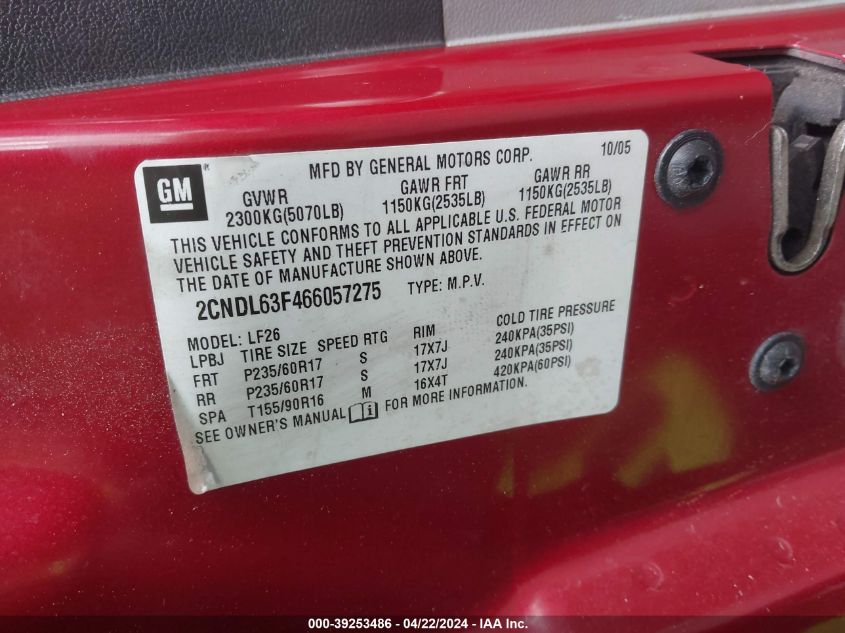 2CNDL63F466057275 | 2006 CHEVROLET EQUINOX