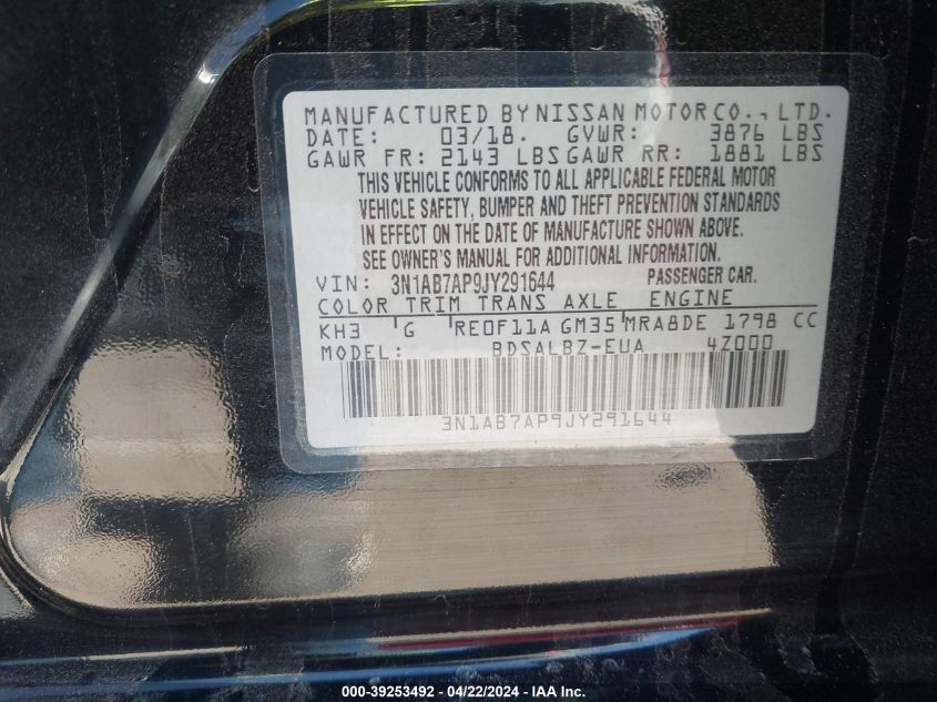 2018 Nissan Sentra S VIN: 3N1AB7AP9JY291644 Lot: 39253492