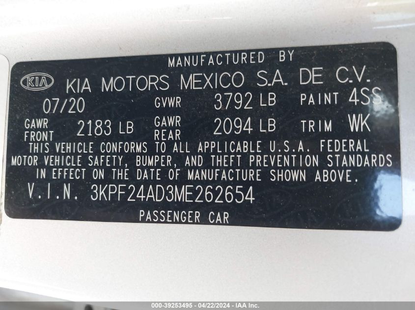 2021 Kia Forte Lxs VIN: 3KPF24AD3ME262654 Lot: 39253495