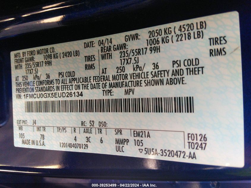 2014 Ford Escape Se VIN: 1FMCU0GX5EUD26134 Lot: 39253499