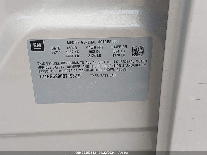 2011 Chevrolet Cruze 2Lt VIN: 1G1PG5S96B7193275 Lot: 39253513