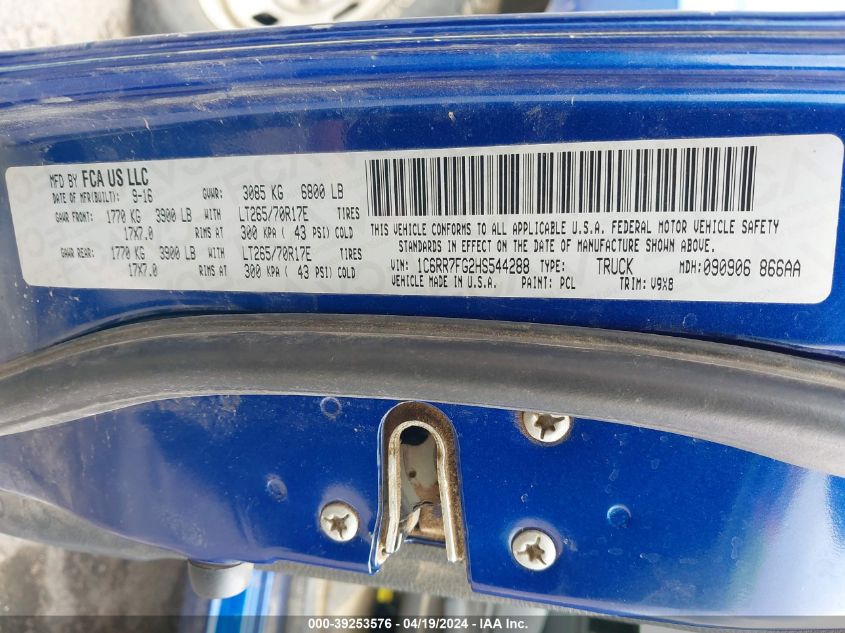 2017 Ram 1500 Tradesman Quad Cab 4X4 6'4 Box VIN: 1C6RR7FG2HS544288 Lot: 39253576