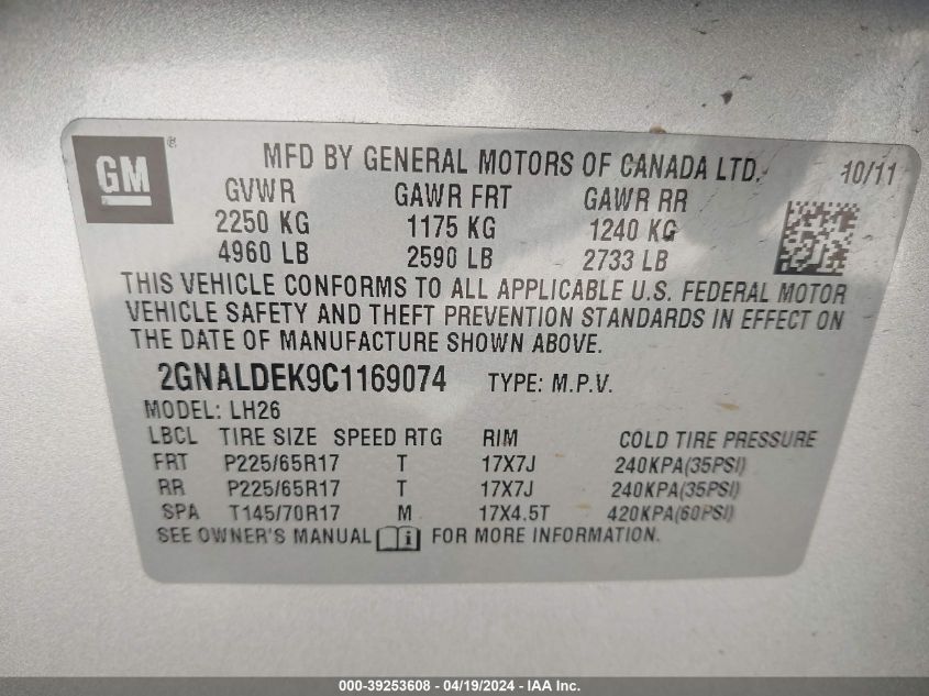 2012 Chevrolet Equinox 1Lt VIN: 2GNALDEK9C1169074 Lot: 39253608