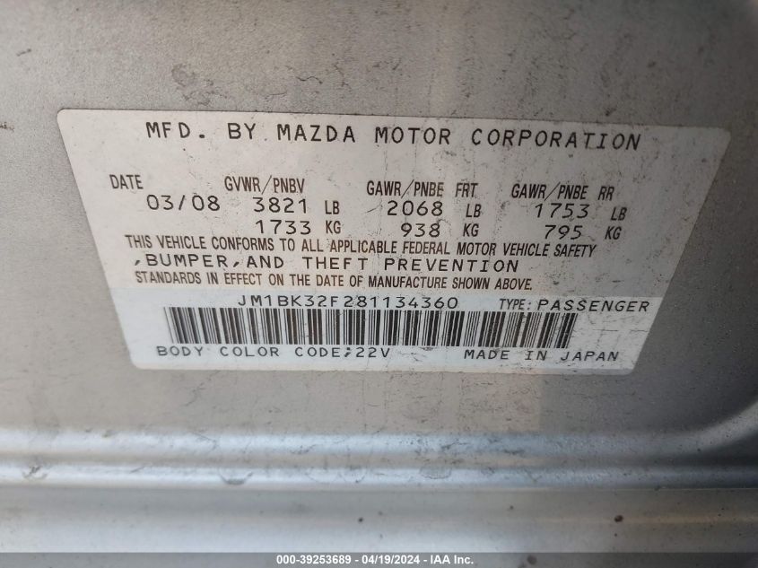 JM1BK32F281134360 | 2008 MAZDA MAZDA3