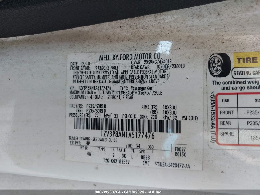 2010 Ford Mustang V6 Premium VIN: 1ZVBP8AN1A5177476 Lot: 39253764