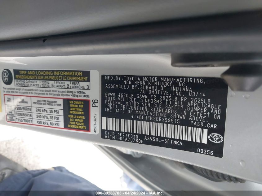 2014 Toyota Camry Le VIN: 4T4BF1FK3ER399915 Lot: 39253783