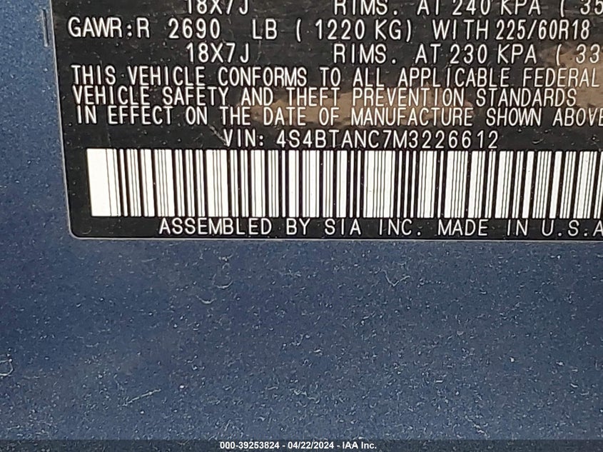 VIN 4S4BTANC7M3226612 2021 SUBARU OUTBACK LIMITED