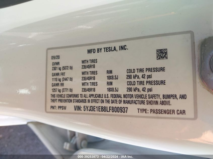 2020 Tesla Model 3 Long Range Dual Motor All-Wheel Drive VIN: 5YJ3E1EB8LF800937 Lot: 39253873