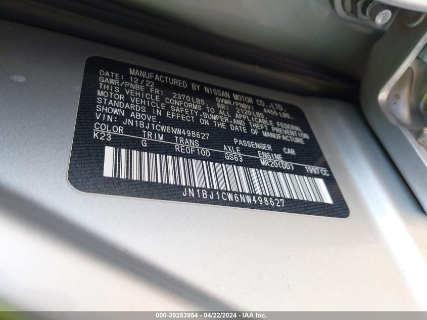 2022 Nissan Rogue Sport Sl Awd Xtronic Cvt VIN: JN1BJ1CW6NW498627 Lot: 39253954