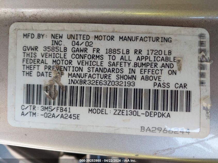 2003 Toyota Corolla Ce VIN: 1NXBR32E63Z032193 Lot: 39253985