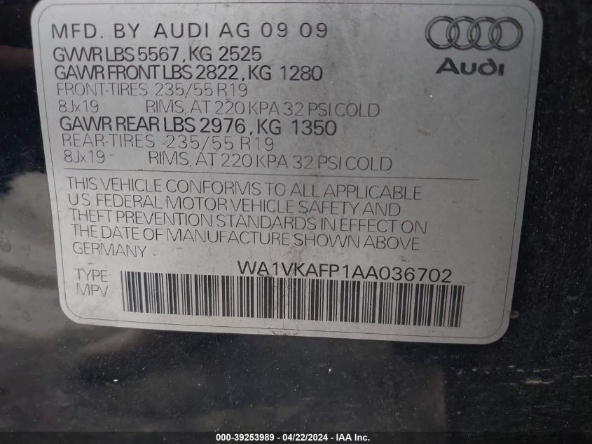 2010 Audi Q5 3.2 Premium VIN: WA1VKAFP1AA036702 Lot: 39253989