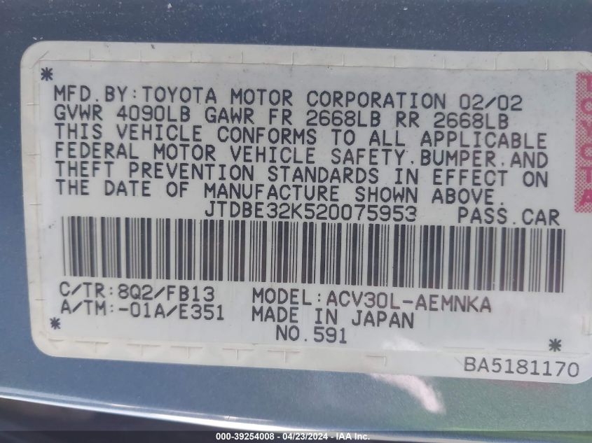 2002 Toyota Camry Le VIN: JTDBE32K520075953 Lot: 39254008