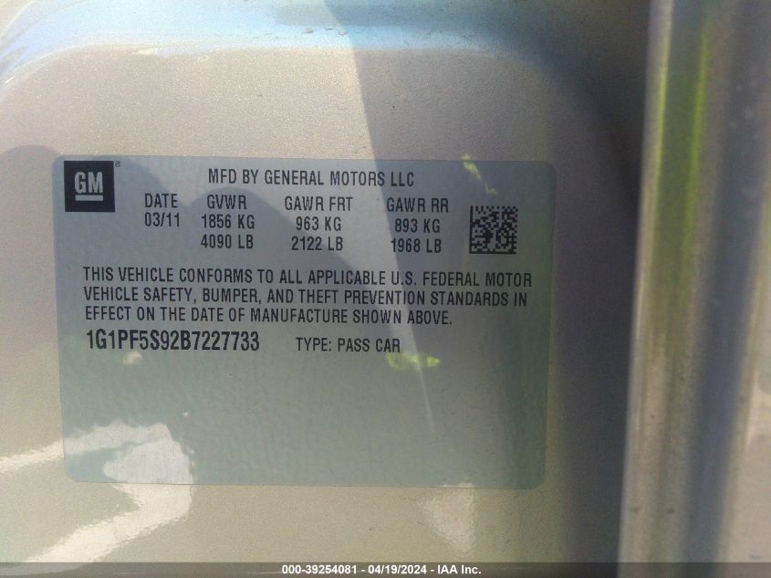 2011 Chevrolet Cruze 1Lt VIN: 1G1PF5S92B7227733 Lot: 39254081