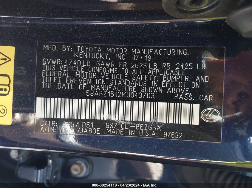 VIN 58ABZ1B12KU043703 2019 LEXUS ES 350