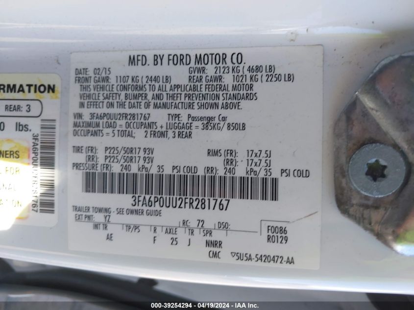 2015 Ford Fusion Hybrid S VIN: 3FA6P0UU2FR281767 Lot: 40866387