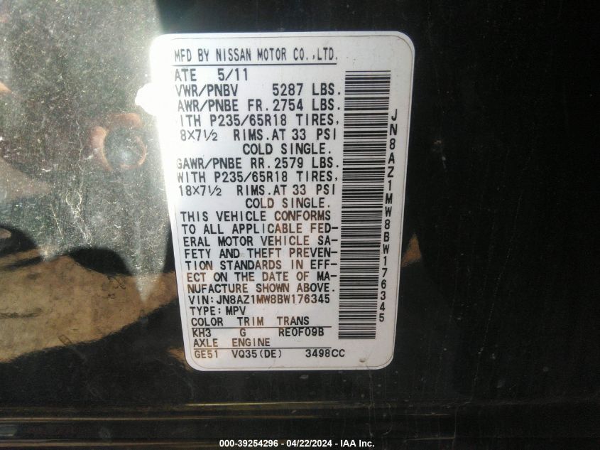 2011 Nissan Murano Sl VIN: JN8AZ1MW8BW176345 Lot: 39254296