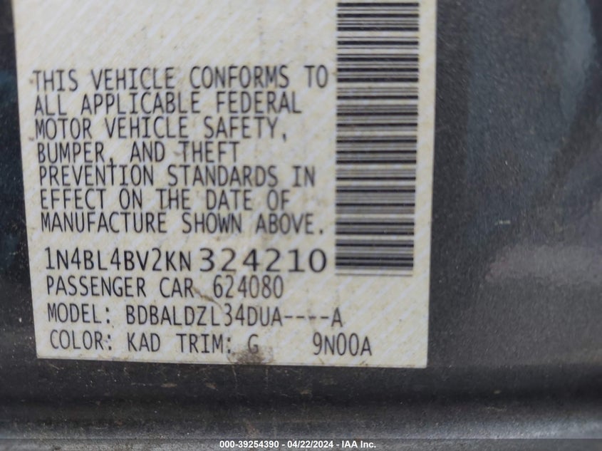 VIN 1N4BL4BV2KN324210 2019 NISSAN ALTIMA 2.5 S