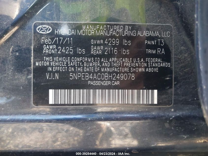 2011 Hyundai Sonata Gls VIN: 5NPEB4AC0BH249078 Lot: 39254440