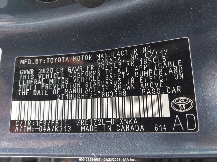 2017 TOYOTA COROLLA LE - 2T1BURHE2HC863398