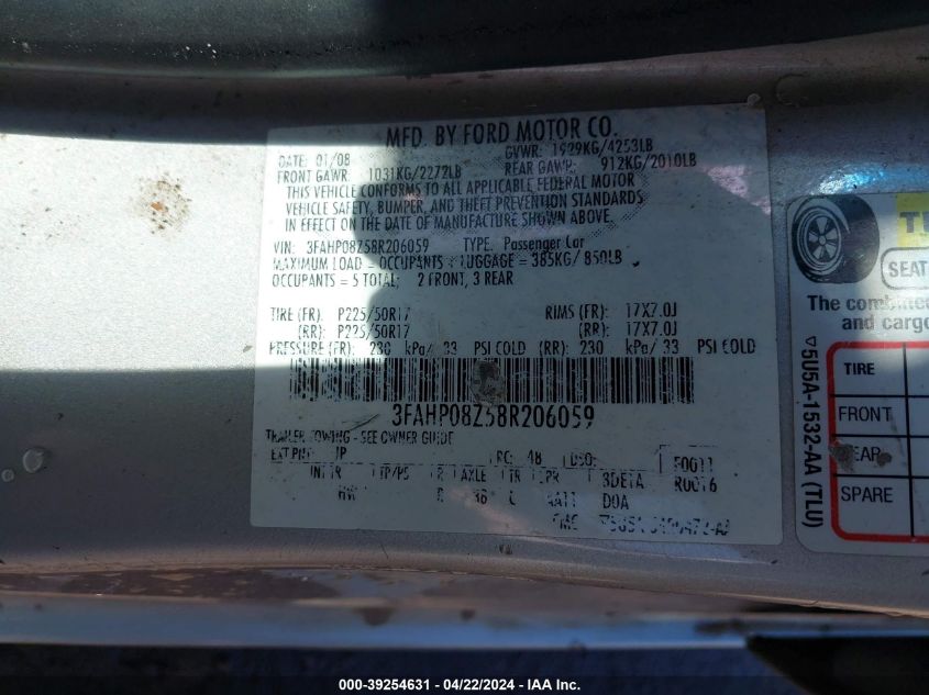 2008 Ford Fusion Sel VIN: 3FAHT08Z58R206059 Lot: 39254631
