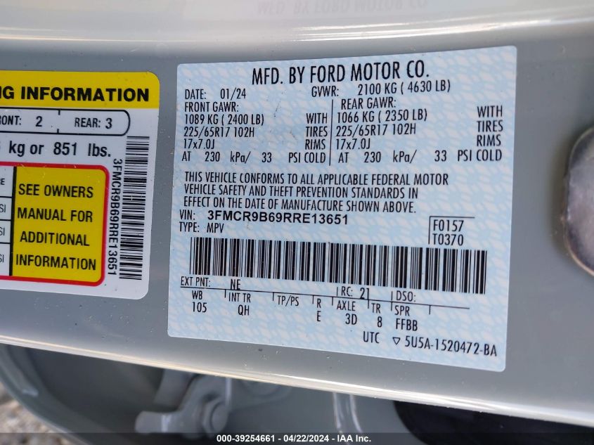 2024 Ford Bronco Sport Big Bend VIN: 3FMCR9B69RRE13651 Lot: 39254661