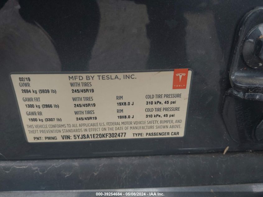 2019 Tesla Model S 100D/75D/Long Range/Standard Range VIN: 5YJSA1E20KF302477 Lot: 39254684