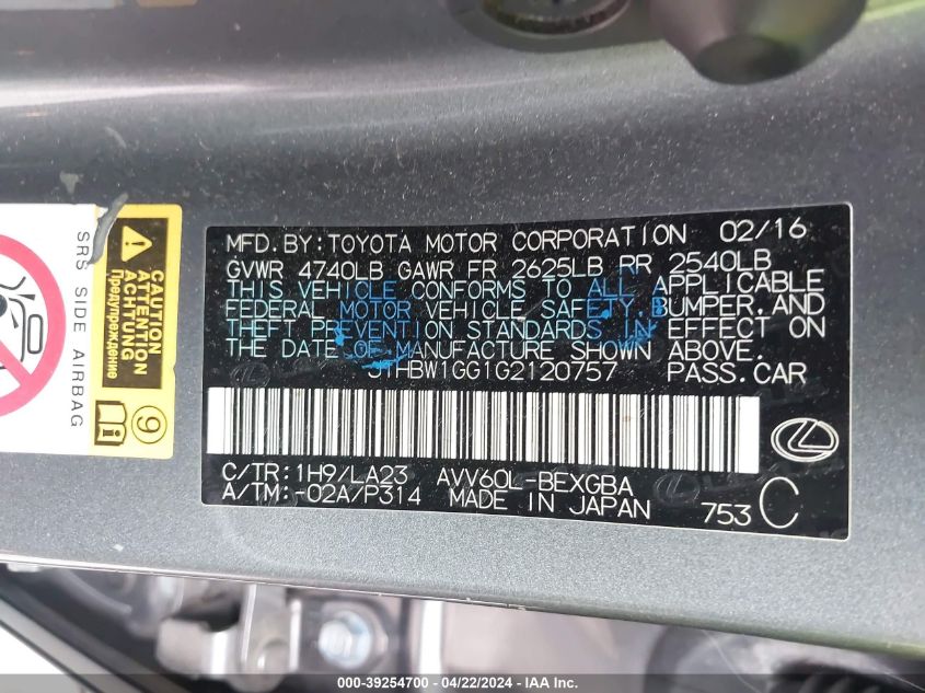 2016 Lexus Es 300H VIN: JTHBW1GG1G2120757 Lot: 39254700