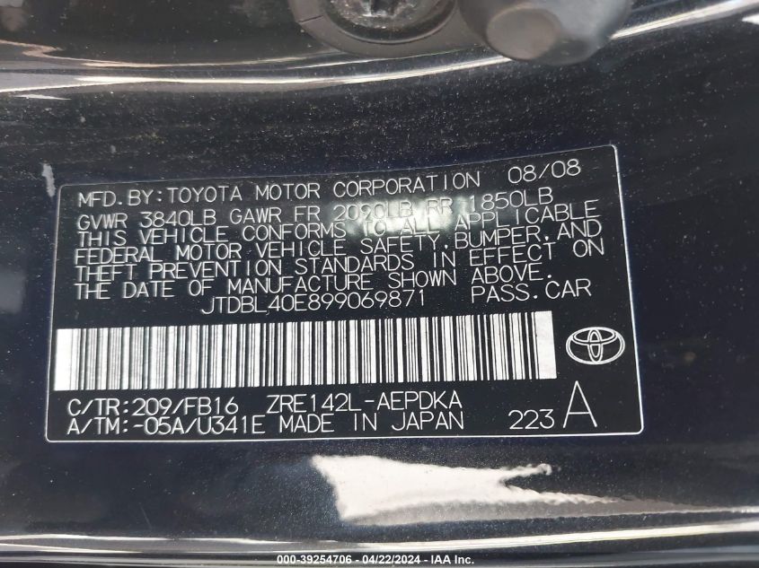 2009 Toyota Corolla Le VIN: JTDBL40E899069871 Lot: 39254706