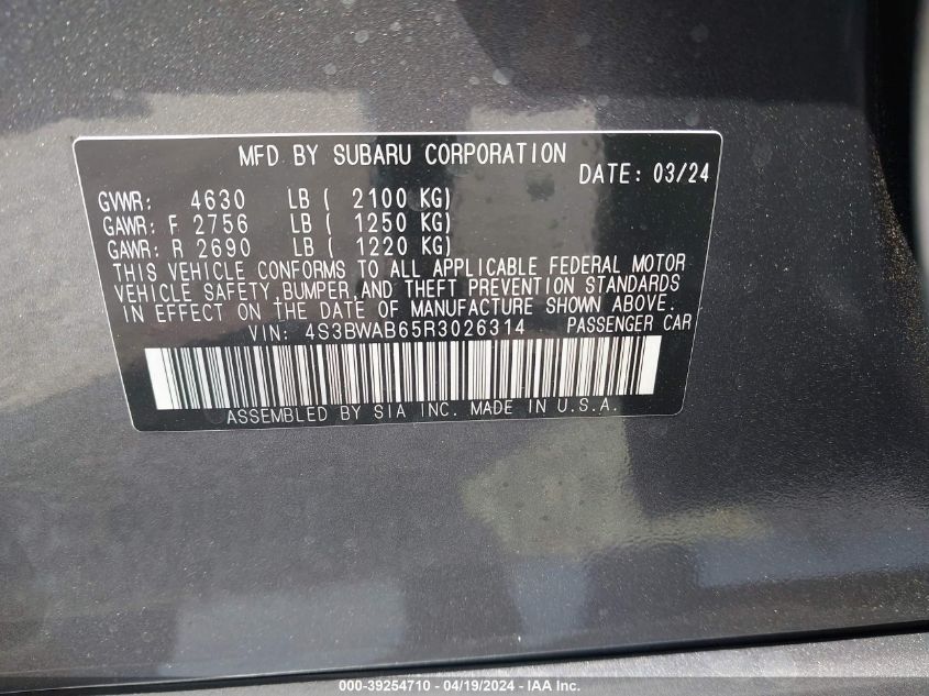 2024 Subaru Legacy VIN: 4S3BWAB65R3026314 Lot: 39254710