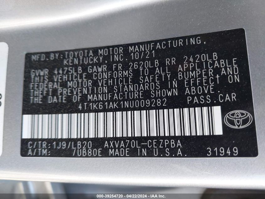 2022 Toyota Camry Xse VIN: 4T1K61AK1NU009282 Lot: 39254720