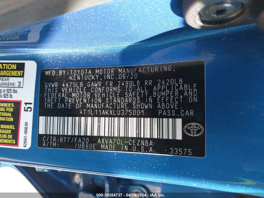 2020 Toyota Camry Le VIN: 4T1L11AKXLU375001 Lot: 39254737