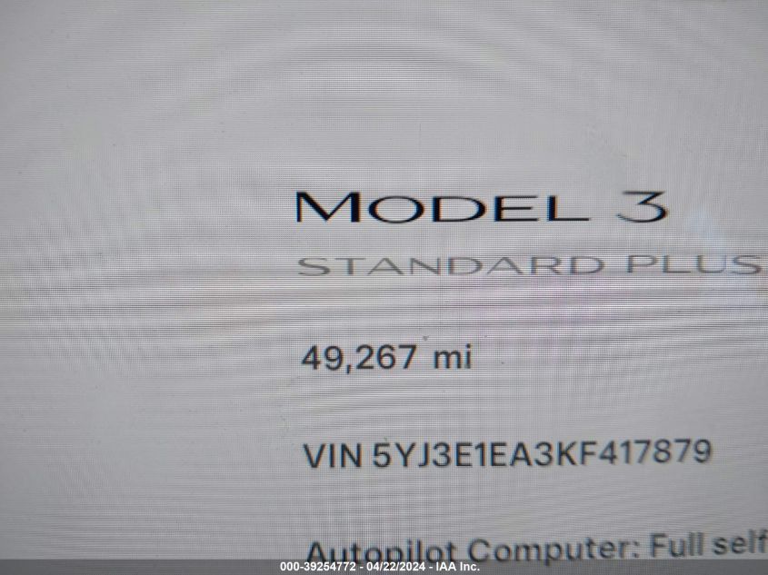 2019 Tesla Model 3 Long Range/Mid Range/Standard Range/Standard Range Plus VIN: 5YJ3E1EA3KF417879 Lot: 39254772