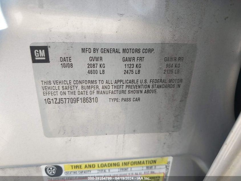 2009 Chevrolet Malibu Lt VIN: 1G1ZJ57709F186310 Lot: 39254799