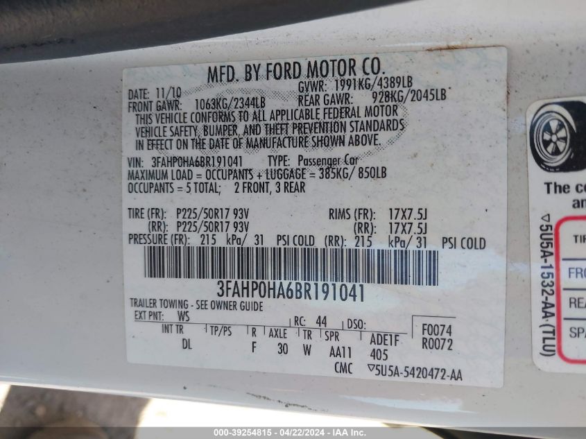 3FAHP0HA6BR191041 | 2011 FORD FUSION