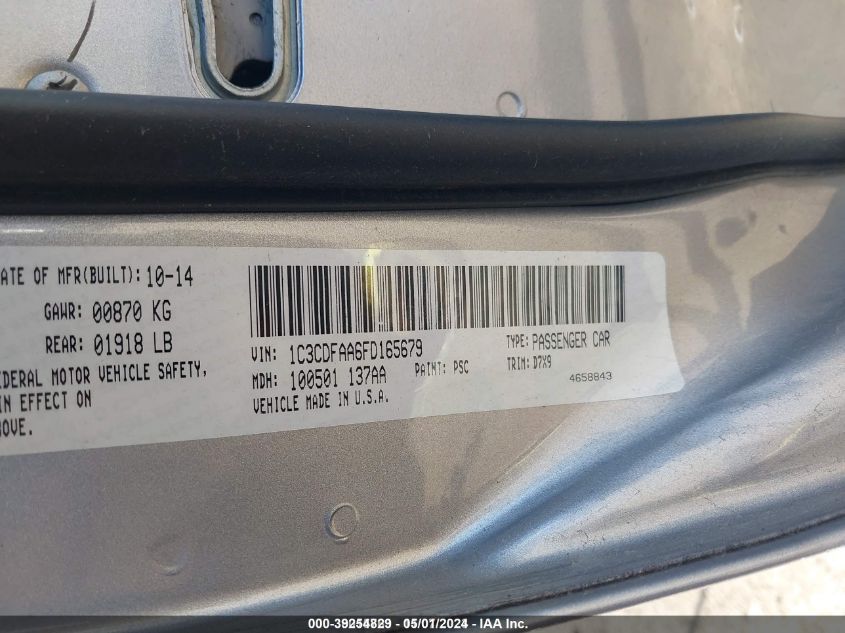 2015 Dodge Dart Se VIN: 1C3CDFAA6FD165679 Lot: 39254829