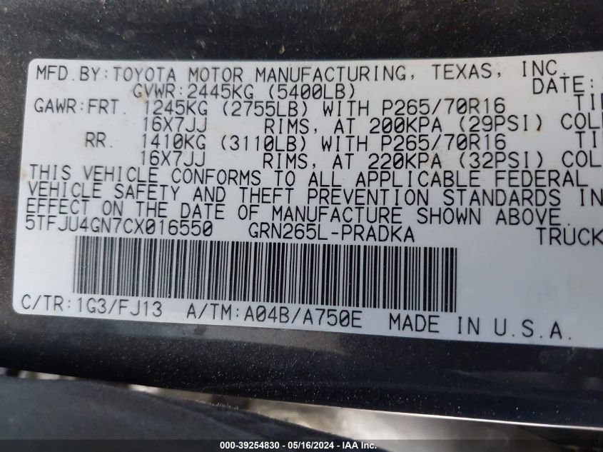 2012 Toyota Tacoma Prerunner V6 VIN: 5TFJU4GN7CX016550 Lot: 39254830