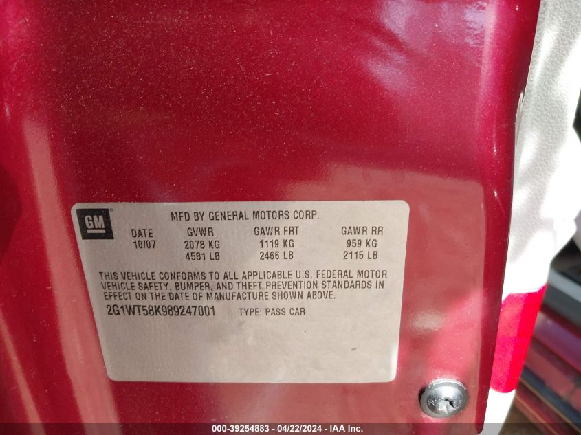 2008 Chevrolet Impala Lt VIN: 2G1WT58K989247001 Lot: 39254883