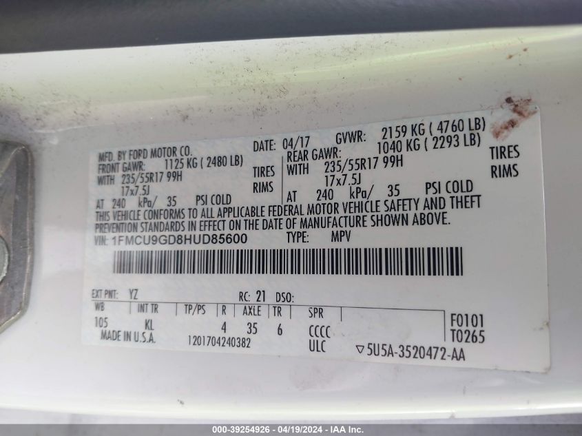 2017 Ford Escape Se VIN: 1FMCU9GD8HUD85600 Lot: 39254926