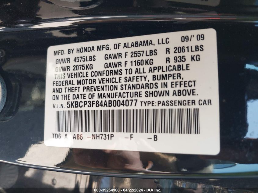 2010 Honda Accord 3.5 Ex-L VIN: 5KBCP3F84AB004077 Lot: 39254968
