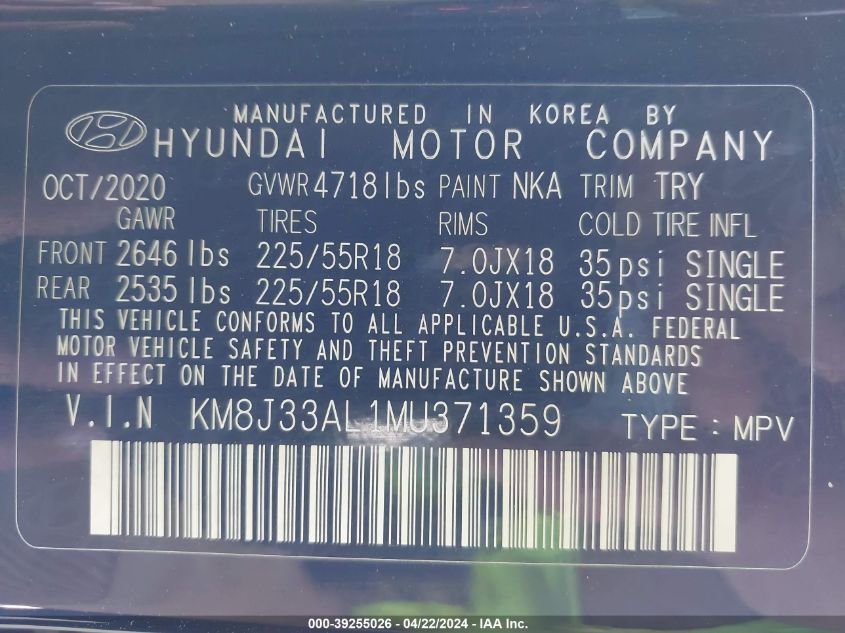 2021 Hyundai Tucson Limited VIN: KM8J33AL1MU371359 Lot: 39255026