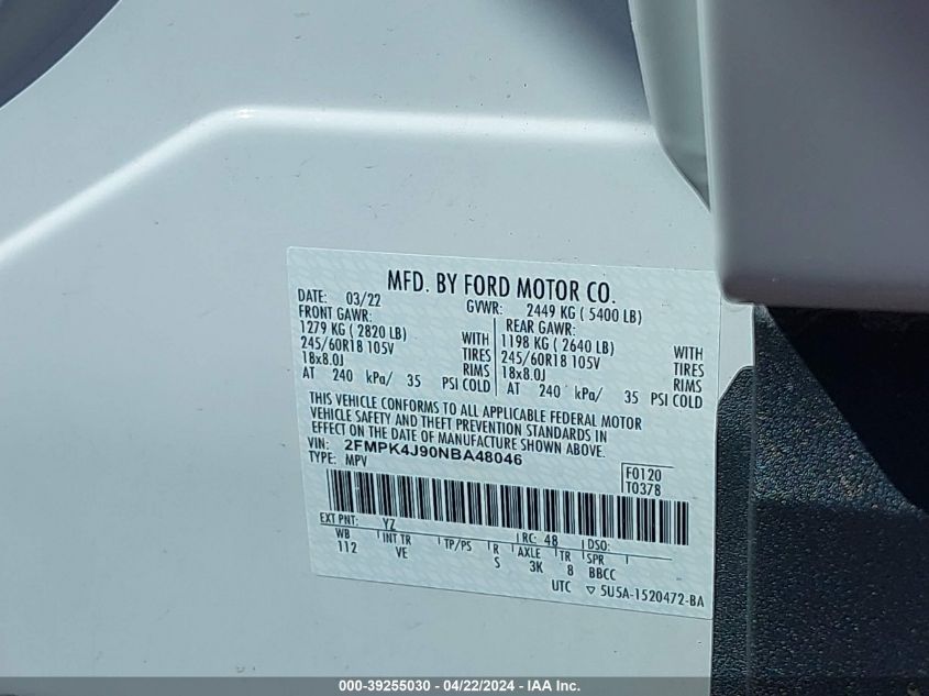 2022 Ford Edge Sel VIN: 2FMPK4J90NBA48046 Lot: 39255030