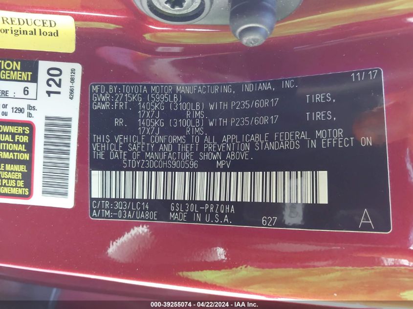 2017 Toyota Sienna Xle 8 Passenger VIN: 5TDYZ3DC0HS900596 Lot: 39255074