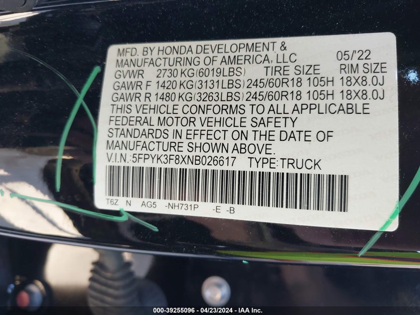 VIN 5FPYK3F8XNB026617 2022 HONDA RIDGELINE BLACK EDITION