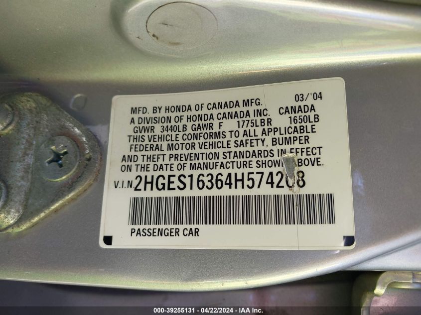 2004 Honda Civic Vp VIN: 2HGES16364H574208 Lot: 39255131