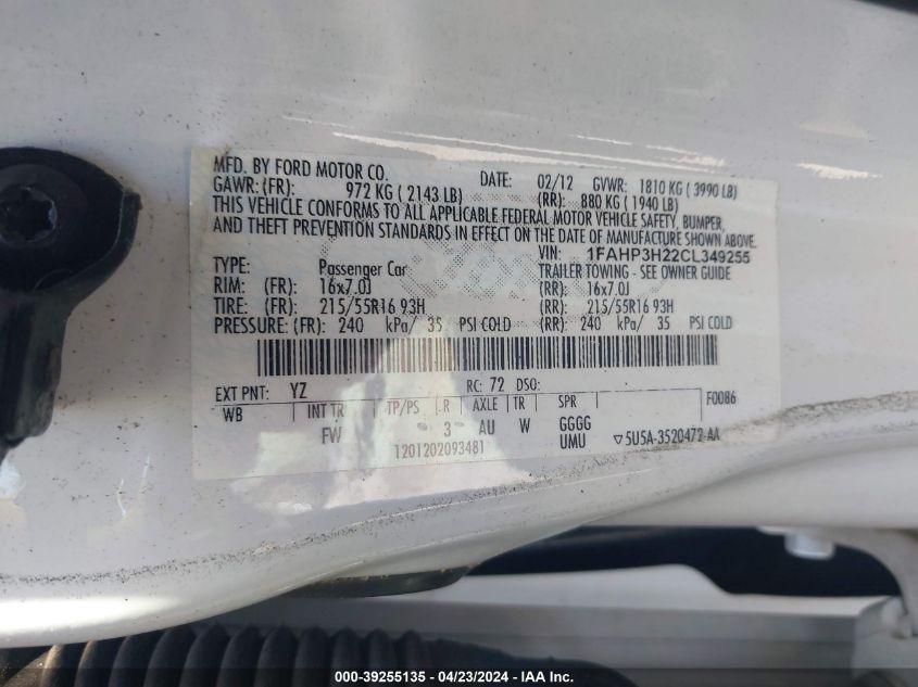 2012 Ford Focus Sel VIN: 1FAHP3H22CL349255 Lot: 39255135